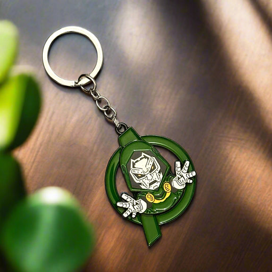A Doctor Doom-themed green and silver keychain featuring the Marvel villain’s masked face and hands, placed on a white marble hexagon-tiled background.